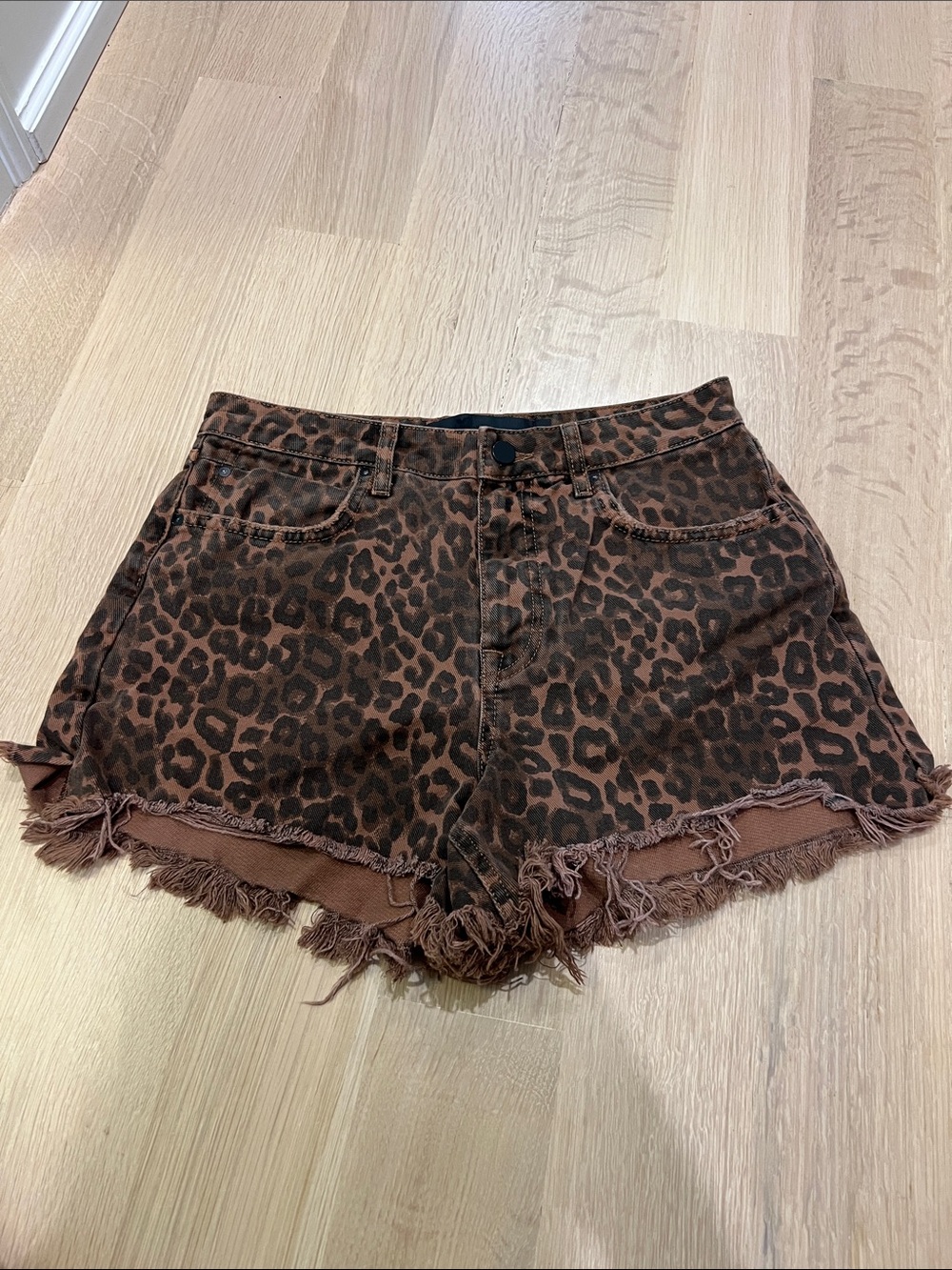 Leopard Print High-Rise Women's Denim Shorts - Brown